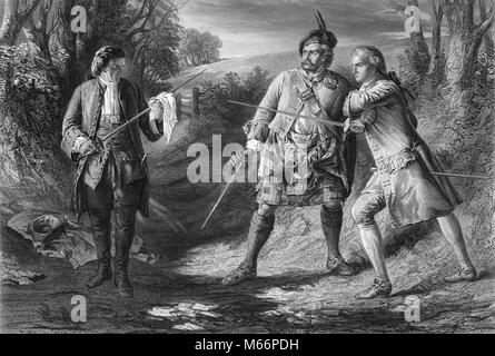 SCENE FROM 19TH CENTURY NOVEL ROB ROY BY SIR WALTER SCOTT ROB ROY SEPARATES DUELLISTS RASHLEIGH & FRANCIS OSBALDISTONE SCOTLAND - q74795 CPC001 HARS LITERARY CHARACTER MACGREGOR NOVEL OLD FASHIONED OSBALDISTONE RASHLEIGH ROB ROB ROY ROY SCOTLAND SCOTT SEPARATES SIR SIR WALTER SCOTT WALTER Stock Photo