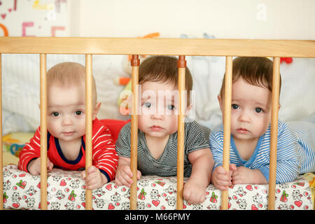 Portrait of  newborn triplets in the bed Stock Photo