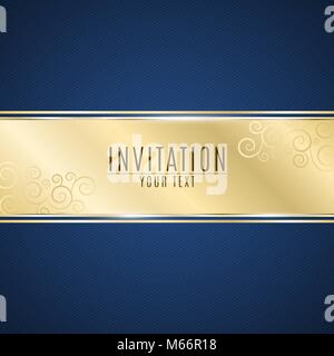 Luxurious invitation. Golden ribbon banner on a blue background with a pattern of oblique lines. Realistic gold strip with an inscription. Gold lace.  Stock Vector