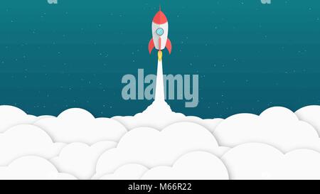 Red cartoon rocket. Background for your projects. White clouds. Advertising poster for the site. Vector illustration in a flat style Stock Vector