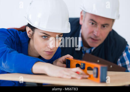 young female apprentice wit level Stock Photo