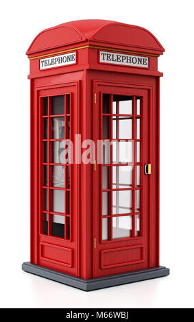 Red British phone booth isolated on white background. 3D illustration. Stock Photo