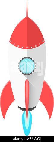 Cartoon red and white space rocket in a flat style is isolated on white background. Flies into space. Blue fire from a turbine rocket. Shining blue wi Stock Vector