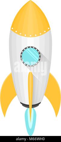 Cartoon yellow and white space rocket in a flat style is isolated on white background. Flies into space. Blue fire from a turbine rocket. Shining blue Stock Vector