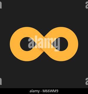 The symbol of infinity of yellow color is isolated on a black background. Flat 3d style. Soft shadows. The eternal way. Vector illustration Stock Vector