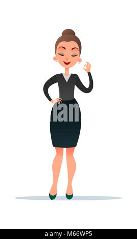 Well done. Good work. Beautiful cartoon businesswoman smiling and showing OK sign. Business woman showing okay sign. Stock Photo