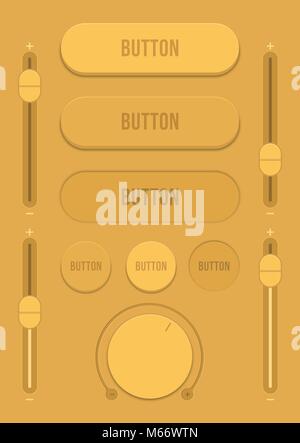 Control user interface. A set of buttons, sensors and sliders in retro style. Ui controls. Brown switches. Minimum and maximum. Vector illustration Stock Vector