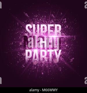 Super night party. Bright purple flash with rays of light and glare bokeh. Purple dust in the night. Flying musical notes. Festive brochure. Your proj Stock Vector