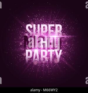 Super night party. Bright purple flash with rays of light and glare bokeh. Purple dust in the night. Festive brochure. Your project. Vector illustrati Stock Vector