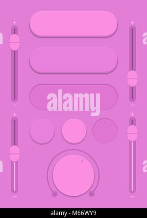 Control user interface. A set of buttons, sensors and sliders in retro style. Ui controls. Purple switches. Minimum and maximum. Vector illustration Stock Vector