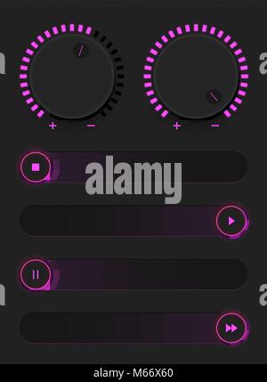 Set of glowing purple buttons and sliders. Neon style. Control user interface. Rubber and metal switches. Adding and decreasing the sound parameters.  Stock Vector