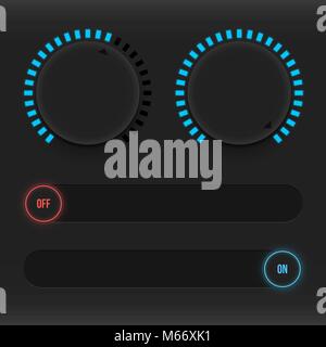 Set of buttons and sliders. Luminous, neon control user interface. Sound management. Sliders on and off. Vector illustration Stock Vector