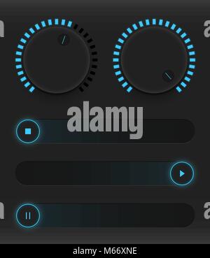 Set of buttons and sliders. Luminous, neon control user interface. Sound management. Blue sliders turn on, off and pause. Vector illustration Stock Vector