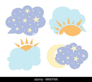 Change of day and night concept in cartoon style sun and moon in sky vector illustration isolated on white background web site page and mobile app des Stock Vector