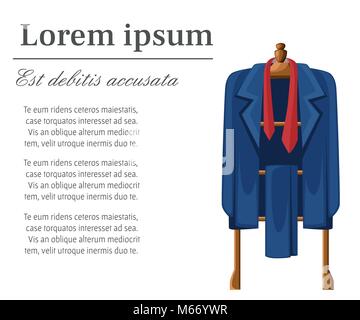 Man blue suit with red tie on wooden hanger vector illustration with place for your text isolated on white background Stock Vector