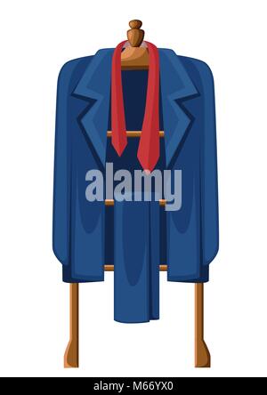 Man blue suit with red tie on wooden hanger vector illustration isolated on white background Stock Vector