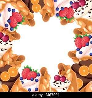 Pattern of Hong Kong waffle with cherry strawberry orange and whipped or chocolate cream egg waffle dessert vector illustration isolated on white background website page and mobile app design Stock Vector