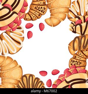 Pattern of croissant and pancakes with different fillings cream chocolate and sesame on top strawberry vector illustration isolated on white background Stock Vector