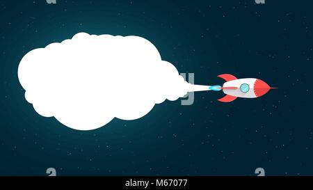 Cartoon red rocket flies in space. Space concept. A white cloud of smoke from the turbine. Empty banner for your text. Starry sky with falling stars.  Stock Vector