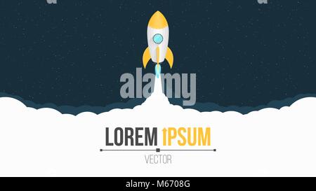 Space concept. The cartoon rocket flies into open space. Start up in space. Big empty cloud for text. White smoke. Vector illustration Stock Vector