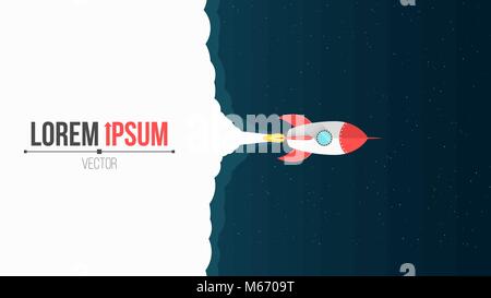 Space concept. A cartoon red rocket flies in open space. Start up in space. Big empty cloud for text. White smoke. Vector illustration in a flat style Stock Vector