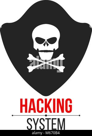 Skull icon with shield on white background. The hacker hacked the system. Cyber crime and piracy. Web programming. Icon in a flat style. Vector illust Stock Vector