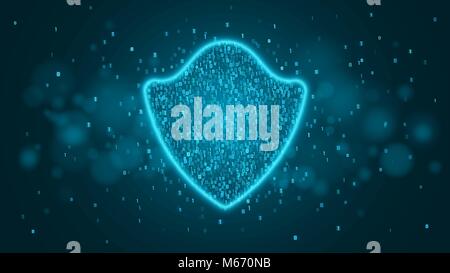 High-tech computer concept. A blue glowing neon shield made of binary code. The system is protected. Vector illustration Stock Vector
