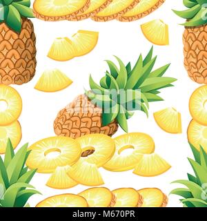 Pattern of pineapple of banana and slices of pineapples. Vector illustration for decorative poster, emblem natural product, farmers market. Website page and mobile app design Stock Vector