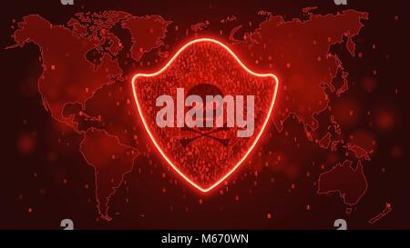 High-tech computer concept. A red glowing neon shield from a binary code. Hacking the system. A dark skull with bones. Map of the planet earth. Vector Stock Vector