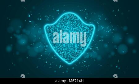 A glowing blue shield of programming symbols. System security. High-tech neon shield. Strong protection. Cyber crime. Vector illustration Stock Vector