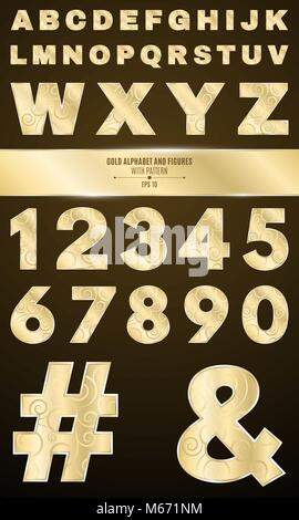 Gold alphabet for shows and presentations. Gold numbers and letters with a pattern. Metallic symbols. Vector illustration Stock Vector