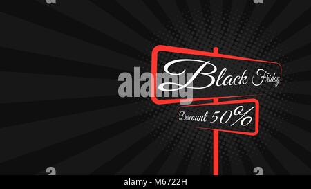 Black Friday. Great sale. Road sign with text on the boards. Banner on the side. Discount of 50 percent. Banner and cover for the project. Large purch Stock Vector