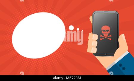 A cartoon man holds a broken phone in his hand. Empty cloud for text. Red skull on the screen. High-tech phone. Cartoon style. Vector illustration Stock Vector