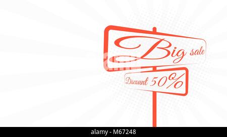 Great sale. Discount of 50 percent. Traffic sign with text. White cartoon background with rays in a flat style. Side view. Minimalistic style. Vector  Stock Vector