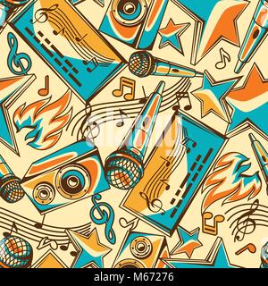 Karaoke party seamless pattern. Music event background. Illustration in retro style Stock Vector