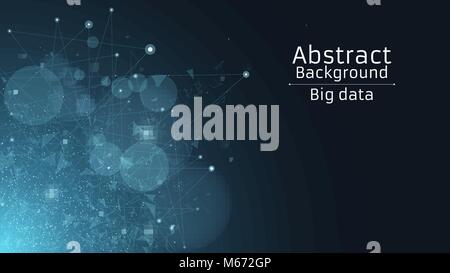 Abstract polygonal background from connected triangles and dots. Modern technologies in design. Luminous particles of blue in the dark. Big web. Vecto Stock Vector
