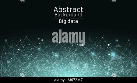 Abstract polygonal background from connected triangles and dots. Modern technologies in design. Luminous particles of blue in the dark. Big data. Vect Stock Vector