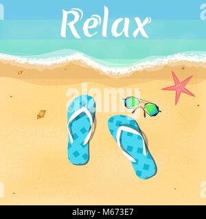Slates, starfish and sunglasses by the sea. Opening of the summer season. Relax on the beach. Vector illustration. EPS 10 Stock Vector