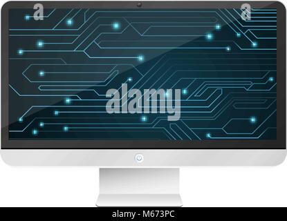 Modern, high-tech computer isolated on white background. An image of a glowing motherboard on the monitor screen. Blue chain with connectors. Vector i Stock Vector