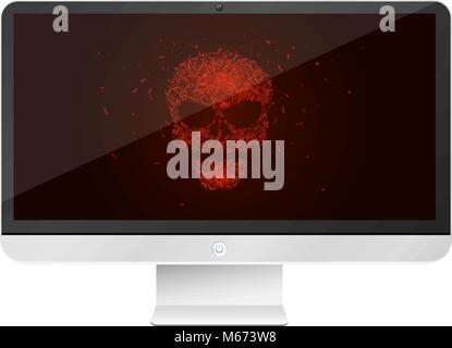 Modern, high-tech computer isolated on white background. A glowing red skull from the programming tags. Hackers broke the system. Vector illustration. Stock Vector