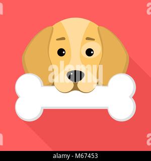 A beagle dog holds a bone in his mouth against a red background. A place for your projects. A sweet animal. Cartoon style. Vector illustration in a fl Stock Vector