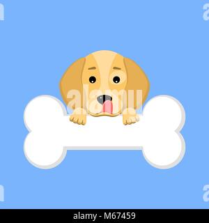 2018 year of the dog. The dog beagle keeps a bone in the mouth on a blue background. A place for your projects. A sweet animal. The dog licks himself. Stock Vector