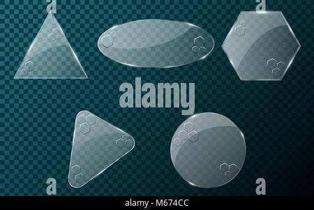 Realistic glass objects on a blue, transparent background. A set of blank banners for your projects. Hi-tech in design. Brilliant, clear glass. Vector Stock Vector