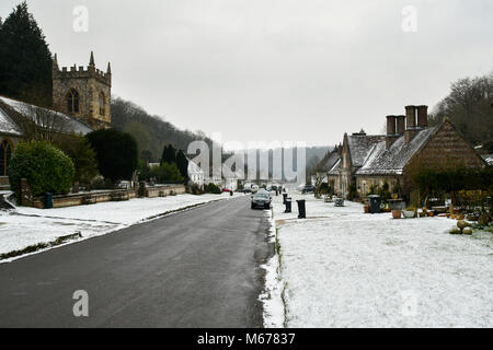 Milton Abbas, Dorset, UK. 1st Mar, 2018. UK Weather. A covering of snow at the picture postcard village of Milton Abbas in Dorset during the morning after a night of snow showers and freezing temperatures brought by the Beast from the East. Picture Credit: Graham Hunt/Alamy Live News Stock Photo