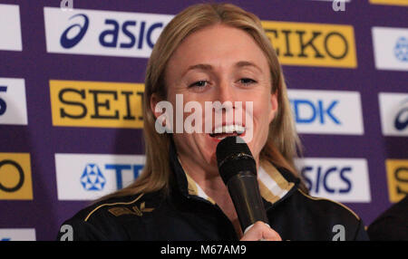 Birmingham, UK. 1st March, 2018. Sally PEARSON (AUSTRALIA)  speaks to the press during the opening Press Conference at the World Indoor Championships in Birmingham, England. Credit: Ben Booth/Alamy Live News Stock Photo