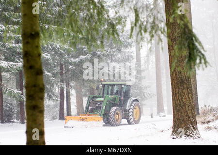 Longleat Center Parcs, Wiltshire. 1st Mar, 2018. UK weather: A snow plough clears snow at Longleat Center Parcs in Wiltshire. Much of the South West and Wales has been hit by Storm Emma, bringing blizzards and heavy snowfall. 1 March 2018 Credit: Adam Gasson/Alamy Live News