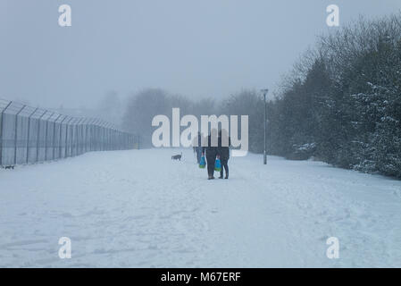Edinburgh, Scotland, UK. 1st March, 2018. Couples are walking their dogs during the Beast of the East snow storm in Edinburgh, Scotland. Credit: Iscotlanda/Alamy Live News Stock Photo