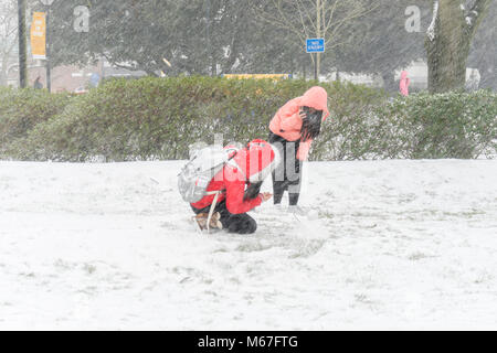 Southampton, UK. 1st of March 2018. Students at the University of Southampton (UK) enjoying the snow taking pictures with their mobile phone cameras but the university remains closed for the rest of the day and the following day due to adverse weather conditions brought on by what is called 'The beast from the East'. Stock Photo