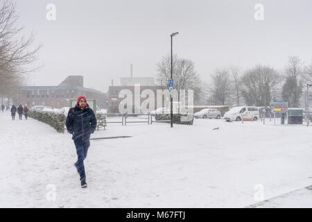 Southampton, UK. 1st of March 2018. Heavy snow has caused the University of Southampton (England, UK) to shut down for business for the rest of the day as well as tomorrow due to adverse and hazardous weather conditions . Stock Photo