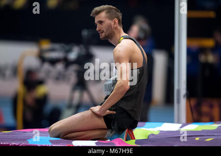 01 March 2018, Great Britain, Birmingham: IAAF World Indoor Championships in Athletics: Mateusz Przybylko of Germany after the high jump. Photo: Sven Hoppe/dpa Stock Photo